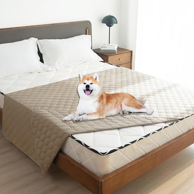 gogobunny 3X Stronger Waterproof Pet Blanket, Scratch Proof Furniture Protector for Dogs Cats, Reversible Cover 82x82 Inch, Dark Beige