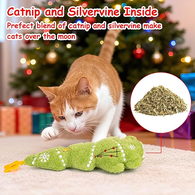 Retro Shaw Christmas Cat Toys, Kitty Xmas Catnip Toys 15.5 Inches Christmas Tree with Crinkle Sound, Safe Kitten Teeth Cleaning Toy, Interactive Kitty Kicker Toy