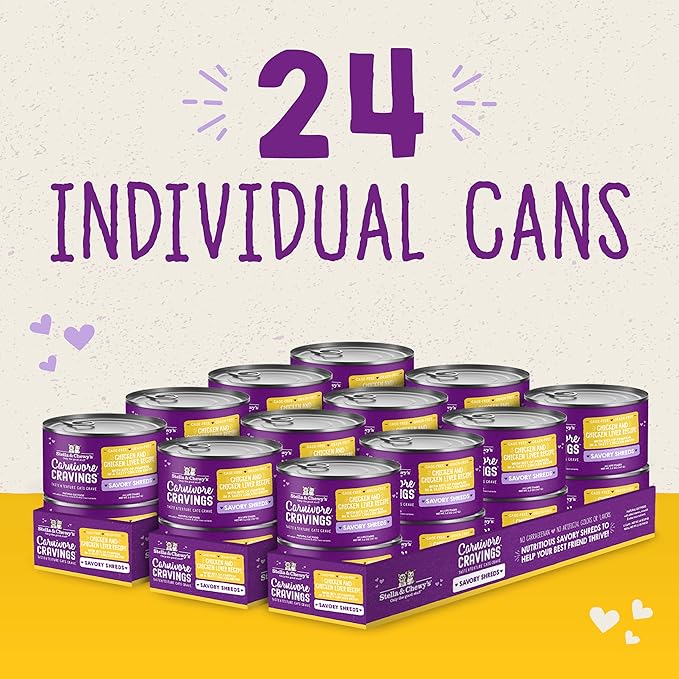 Stella & Chewy's Carnivore Cravings Savory Shreds - Wet Cat Food - High-Moisture Formula with Premium Cage-Free Chicken & Chicken Liver - Perfect for Picky Eaters - 2.8 oz, 24 Count