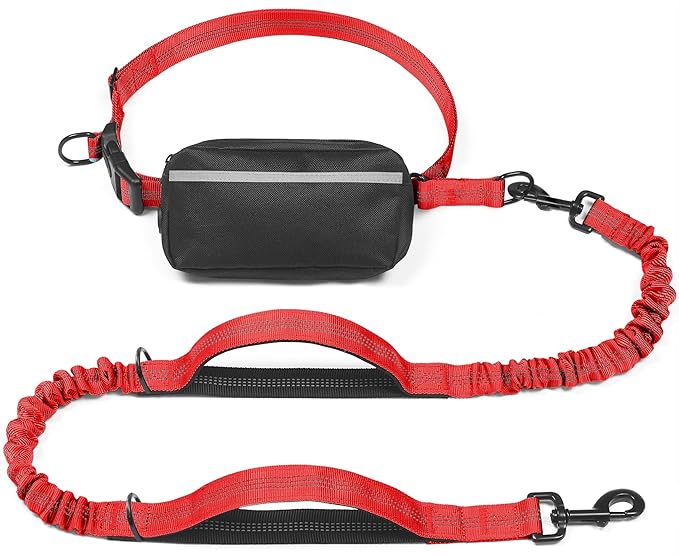 iYoShop Hands Free Dog Leash with Zipper Pouch, Dual Padded Handles and Durable Bungee for Walking, Jogging and Running Your Dog (Large, 25-120 lbs, Red)