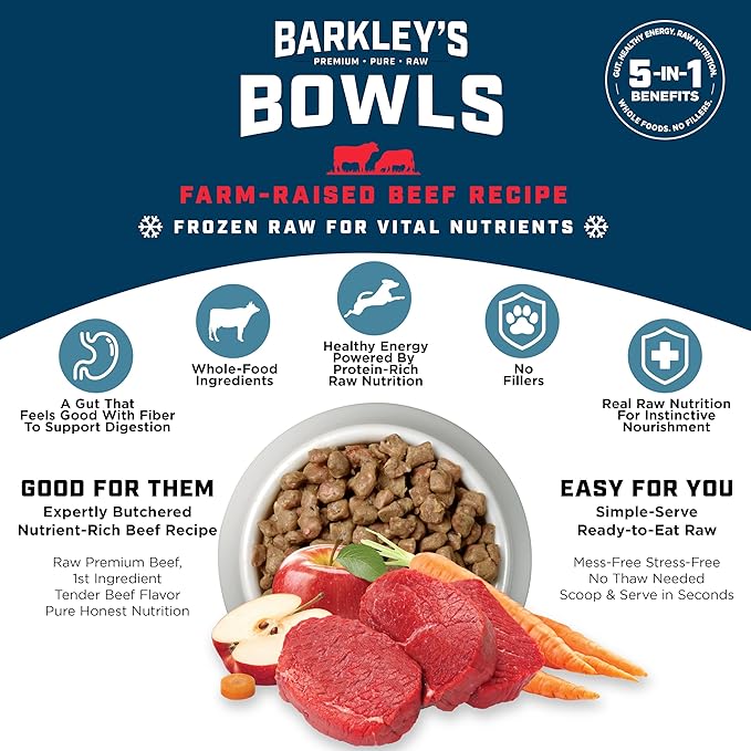 Barkley’s Bowls, Frozen Raw Beef Dog Food, Fresh Whole Food Ingredients with Farm-Raised Beef, Grain Free, High Protein for Balanced Nutrition, Frozen Meals Made with Human Grade Ingredients, 4 lb Bag