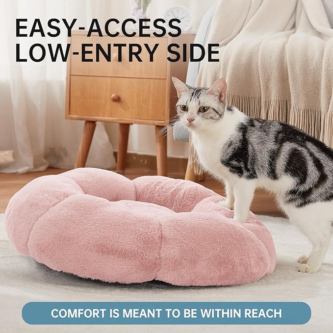 OhGeni 20 inches Calming Donut Dog & Cat Bed for Small Pets, Warming Comfort Fluffy Short Pile Fur, Durable Machine Washable Round Bed, Cute Round Bed for Puppy and Kitten, Pink