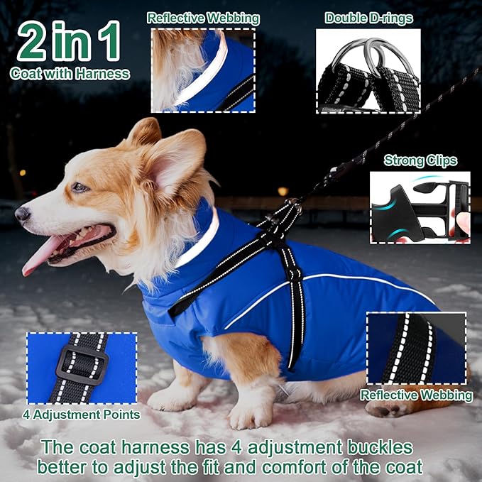 Fragralley Dog Coat with Harness Built in, Waterproof Windproof Reflective Warm Puffer Jacket, Fleece Lined Vest Winter Parka for Small, Medium, Large Dogs