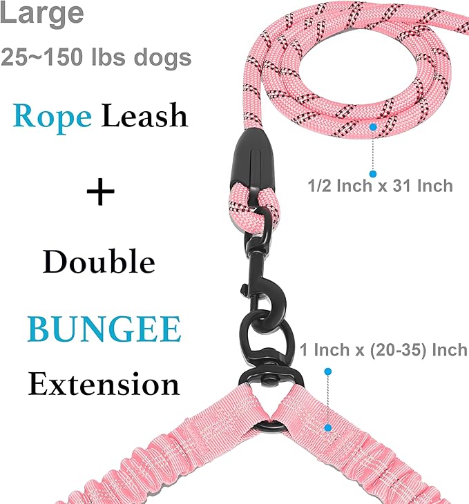 iYoShop Dual Dog Leash - 360° Swivel, No Tangle Walking Leash with Shock Absorbing Bungee for Two Dogs (Large, 25-150 lbs, Baby Pink)