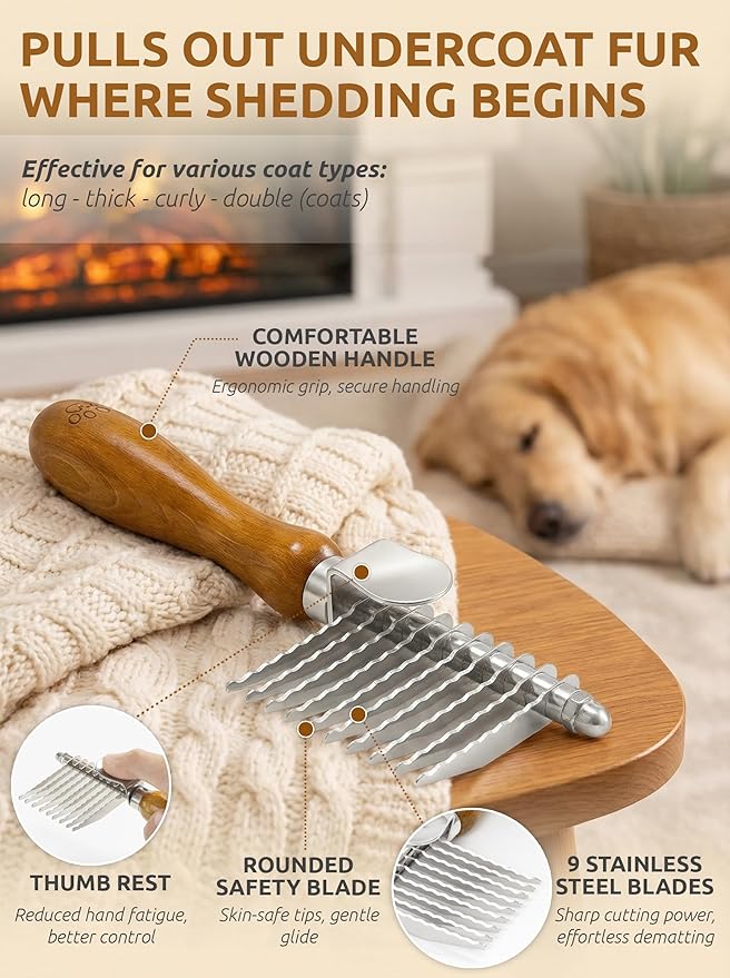 TAKAVU Dematting Fur Rake Comb Brush for Dogs & Cats - Undercoat Comb with Safety Blades for Removing Knots, Mats & Tangles - Grooming Tool for Poodles, Doodles, Long Haired Pets