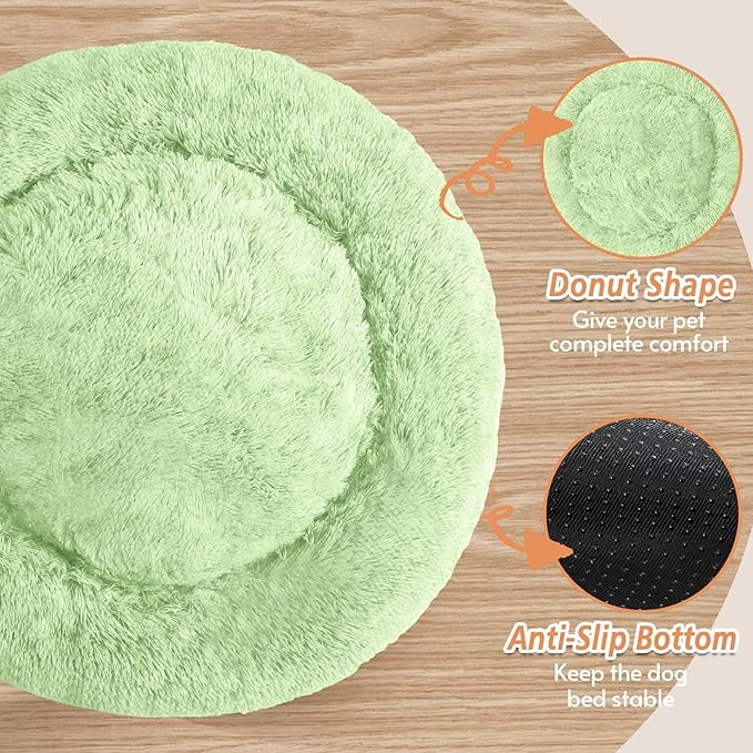 JOLLYVOGUE Calming Dog Bed Large Size Dog, Anti-Anxiety Donut Large Pet Bed, 36 inches Fluffy Faux Fur Round Cat Bed, Fits up to 75 lbs Pets (Light Green)