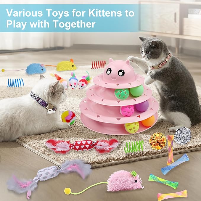UPSKY 3-Level Turntable Kitten Toys Set - 24 PCS Interactive Cat Roller for Indoor Cats, Catnip, Teaser, Mice, Spring, and Various Ball Toys for Kitty