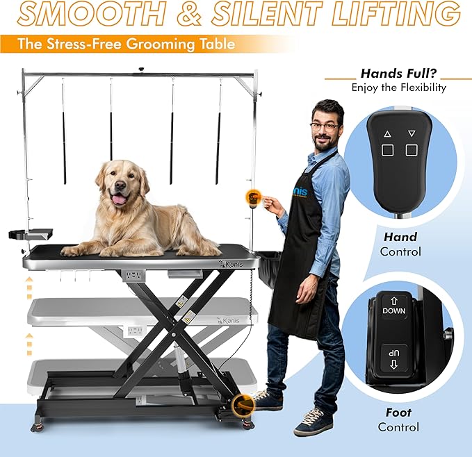 KANIS Professional Electric Dog Grooming Table - Heavy Duty, Height Adjustable Pet Grooming Table w/Leveling Wheels, Grooming Arm, Anti Slip Tabletop & Tool Organizer/Dog Grooming Station (49", BLACK)