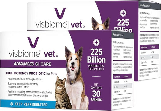 Visbiome® Vet Advanced GI Care High Potency Probiotic for Dogs & Cats – 225B CFU, 8-Strain Formula – Refrigerated, Veterinarian Recommended, Clean Label Certified – 60 Packets