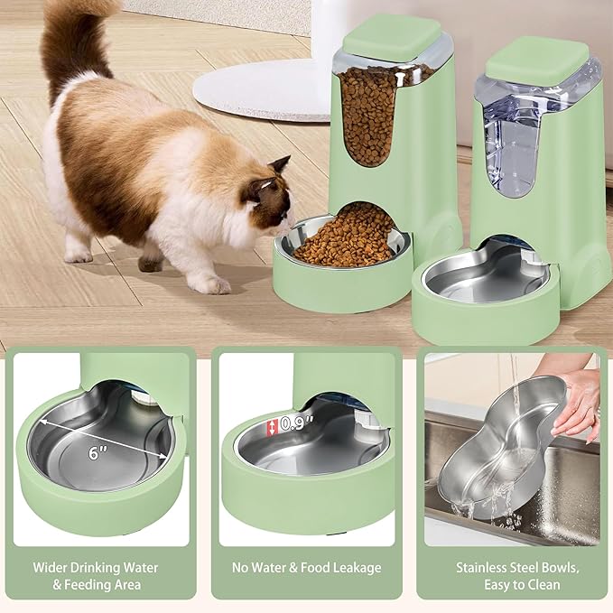 2 Pack Automatic Cat Feeder and Stainless Steel Water Dispenser, Gravity Dog Waterer Set Food Feeder and Waterer Set for Small Medium Kitten Puppy Pets(1 Gallon x 2, Green)