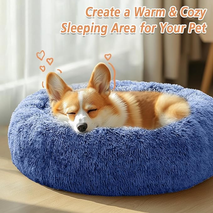 JOLLYVOGUE Calming Dog Bed Medium Size Dog, Anti-Anxiety Donut Medium Pet Bed, 31 inches Fluffy Faux Fur Round Cat Bed, Fits up to 45 lbs Pets (Navy Blue)