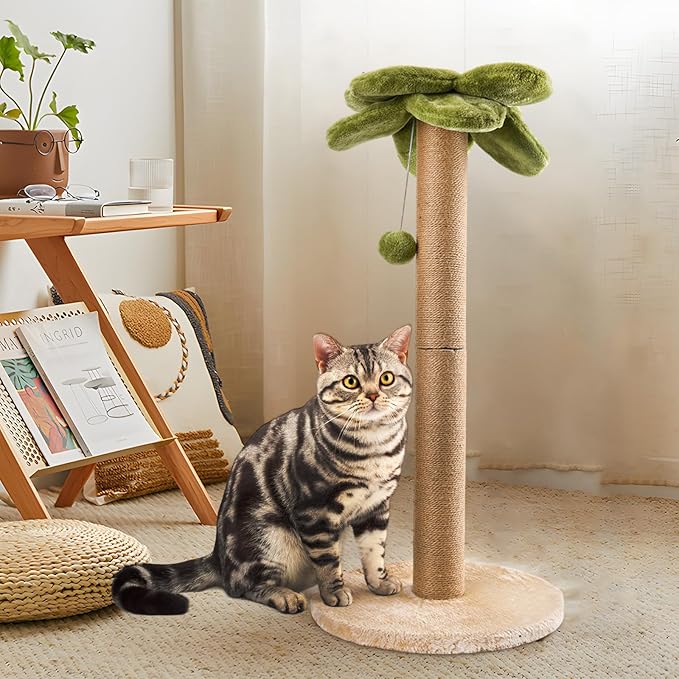 Cat Scratching Post Palm Tree Shape, Sturdy 34 inches Tall Sisal Scratch Post with Interactive Dangling Ball, Cute Cat Scratcher for Indoor Cats