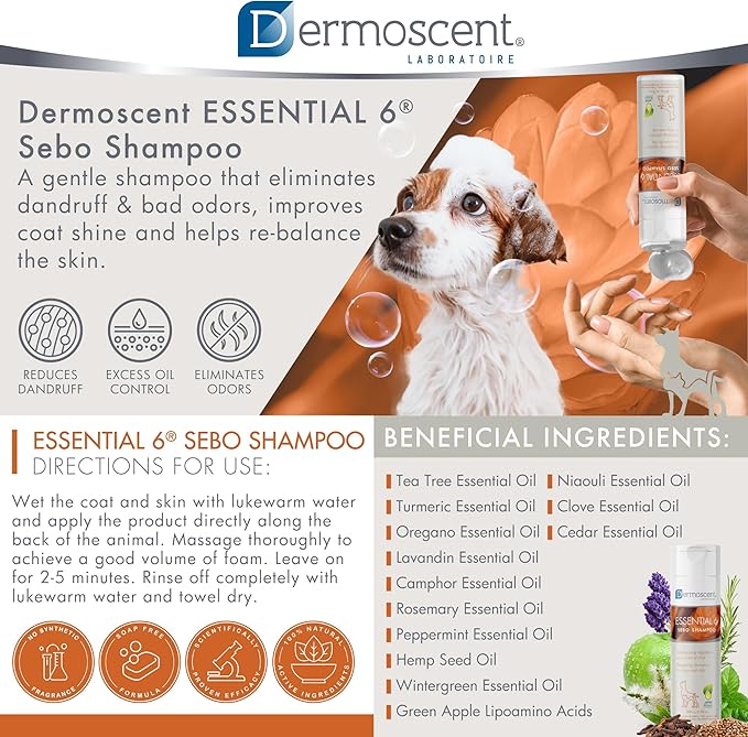 Essential 6 Sebo Shampoo for Dogs, Cats & Pets | 100% Natural, Soap-Free Formula, Reduces Odours, Controls Dandruff, and Enhances Coat Shine, Gentle on Oily Skin