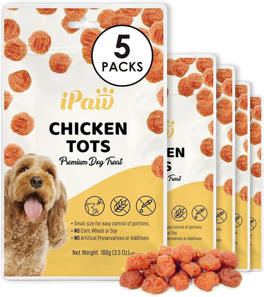 iPaw Chicken Tots Dog Treats for Puppy Training, All Natural Human Grade Dog Treat, Hypoallergenic, Easy to Digest (Chicken Tots), 5 Packs