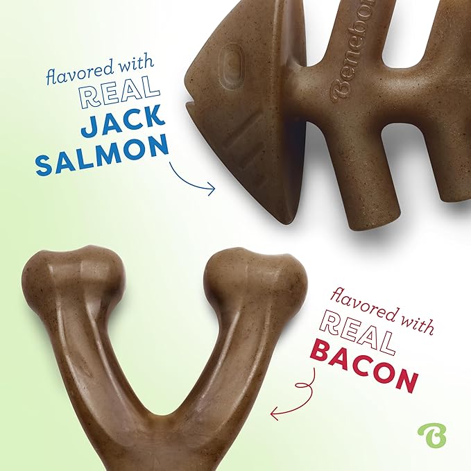 Benebone 2-pack Fishbone/Wishbone Durable Dog Chew Toys, Real Fish, Real Bacon, Made in USA, Medium