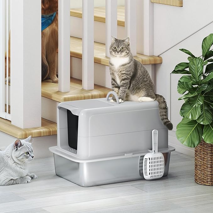 PawHut Stainless Steel Cat Litter Box, Extra Large 2 in 1 Metal Kitty Litter Pan with High Enclosure, Removable Lid & Scoop, Filter Bags, Easy to Clean, for Small to Large Kittens, Gray