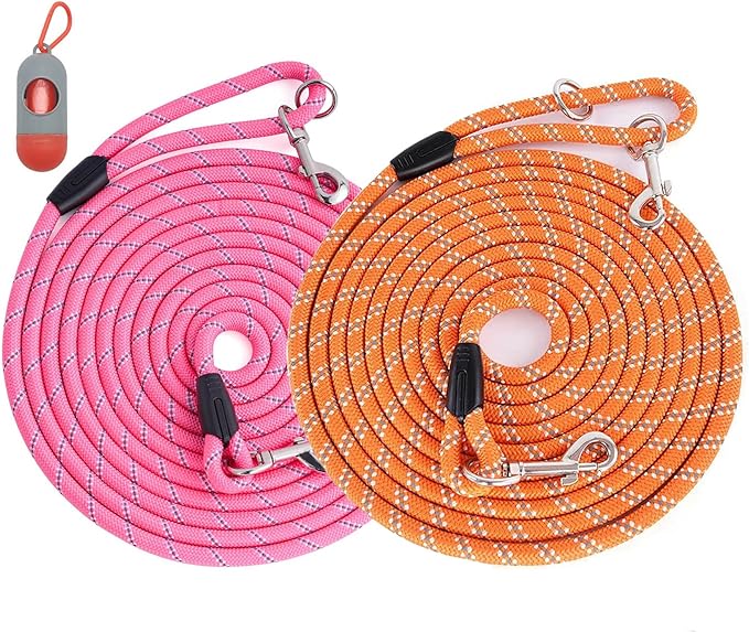 (2 Pack) Long Dog Leash for Dog Training 16FT/30FT/50FT, Reflective Heavy Duty Dog Lead for Large Medium Small Dogs Outside Walking, Playing, Camping, or Yard,Orange&Pink 15FT