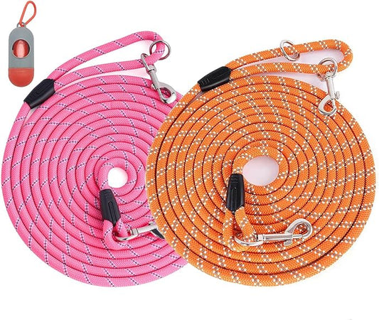 (2 Pack) Long Dog Leash for Dog Training 16FT/20FT/30FT/50FT, Reflective Heavy Duty Dog Lead for Large Medium Small Dogs Outside Walking, Playing, Camping, or Yard,Orange&Pink 30FT