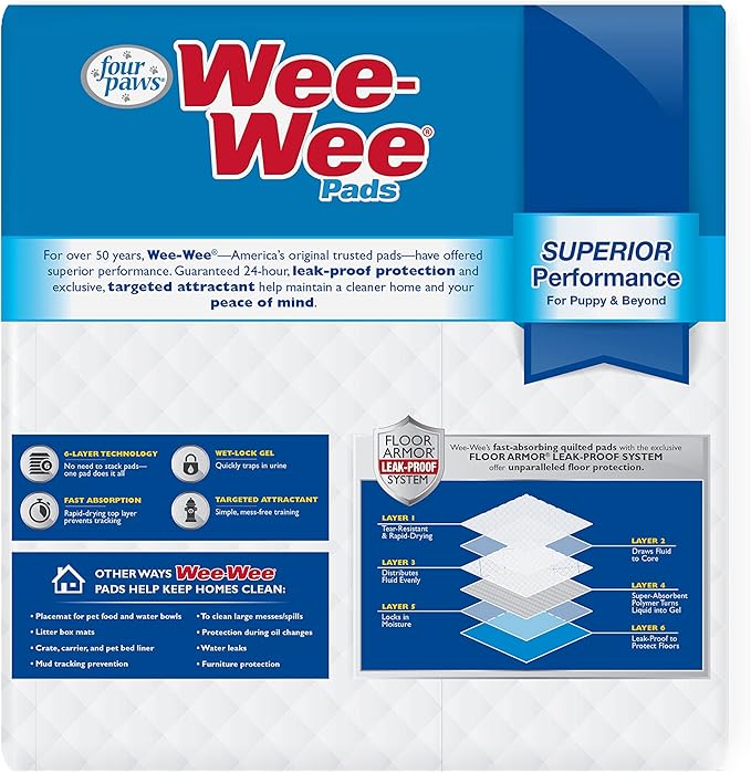 Four Paws Wee-Wee Superior Performance Unscented Pee Pads for Dogs & Puppies, Quilted Leak-Proof Dog Housebreaking Potty Training Floor Protection, 22" x 23", 30 Count