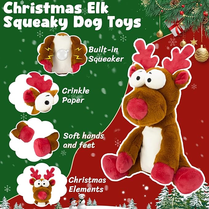 Christmas Squeaky Dog Toys, Stuffed Toys with Crinkle Paper, Interactive Toys to Keep Them Busy, Durable Plush Reindeer for Small, Medium and Large Dogs.