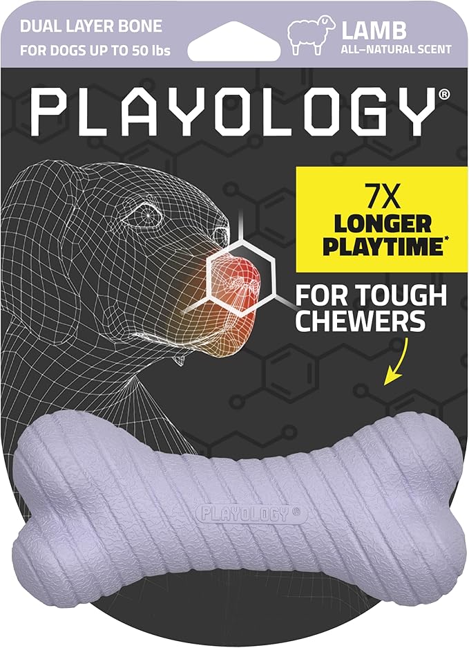 Playology Dog Toys | Dual Layer Bone Durable Chew Toy Bone for Dogs | Medium Lamb Scented Toy - Easy to Clean and Made from Non Toxic Materials