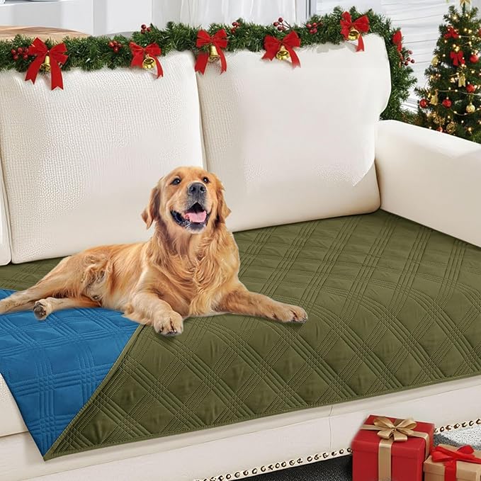 hyha Waterproof Dog Blanket, Reversible Pet Bed Blanket, Soft Sofa Couch Cover for Dogs Washable, Waterproof Pet Couch Covers for Sofa Puppy Cats Furniture Protector(30"x70", Green/Navy Blue)