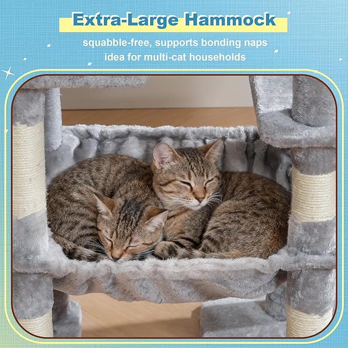Hey-brother Cat Tree Tower, Scratching Posts with 3 Condos, Large Basket, Cozy Bed, Sisal Board, Step-by-Step Climbing Pathway and Toys, 74.8 inches Furniture for Big Indoor Cats, Light Gray MPJ081W