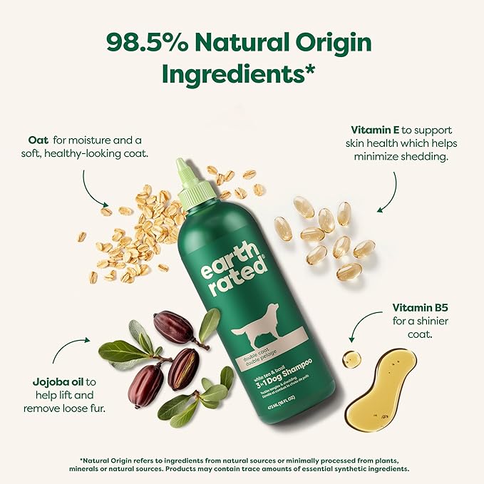 Earth Rated Hypoallergenic 3-in-1 Deshed Dog & Puppy Shampoo & Conditioner, Deodorize 98.5% Natural, 16 oz