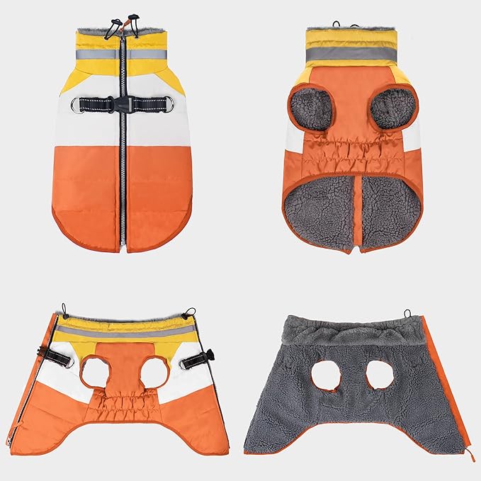 azuza Dog Coats for Large Dogs Waterproof Dog Coat with Reflective Strips and Harness Built in Warm Fleece Dogs Winter Coat Windproof with Back Zipper, Orange 3XL