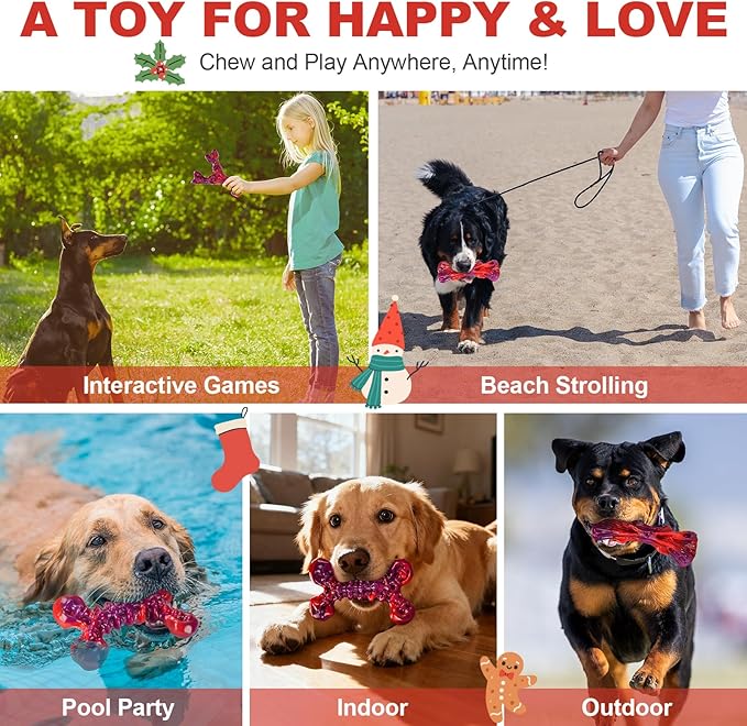 Indestructible Dog Toys for Aggressive Chewers 3-Pack: Tough Nylon Chew Toys for Medium & Large Dogs 25–80 lbs, Beef Flavor, Heavy-Duty Dog Chew Bone, Holiday Dog Gift (Red)