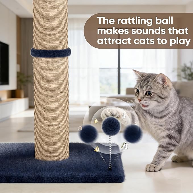 XiaZ Cat Scratching Post 34'' Tall, Cat Scratchers Tree Tower for Indoor Kitty with Extra Wide 15.8" Stable Base and 2 Toy Balls, Natural Sisal & Plush Fabric for Small, Medium Cats(Navy Blue, 2.8in)