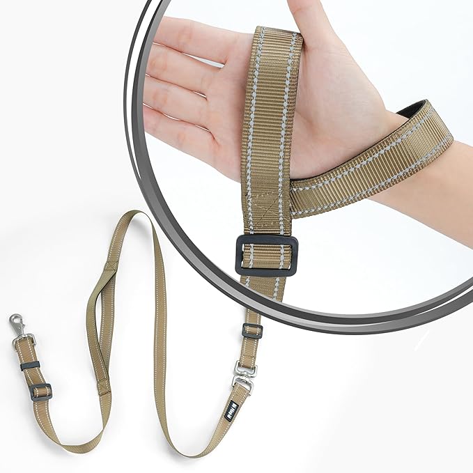 Hands-Free Dog Leash, Heavy Duty No-Pull Training Lead w/Anti-Tangle, Double Padded Traffic Handles Adjustable 5-5.6FT & Reflective Thread for Medium Large Dogs for Running/Walking Khaki