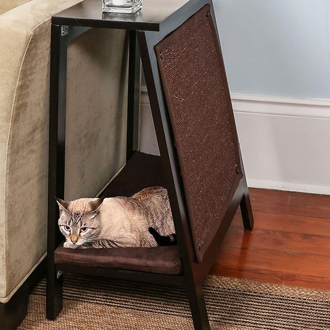 The Refined Feline Wooden Cat Furniture Bed Scratching Post, End Table with Durable Sisal Board Scratcher Pad for Kitty