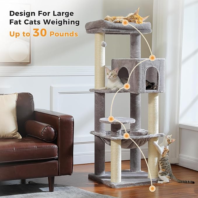 Large Cat Tree for Indoor Cats Large Adult, 57.8" Heavy Duty Cat Tower with Reinforced Scratching Posts (φ3.2in) and Plush Larger Hammock for Maine Coon & Big Cats, Supports 30lbs, Grey