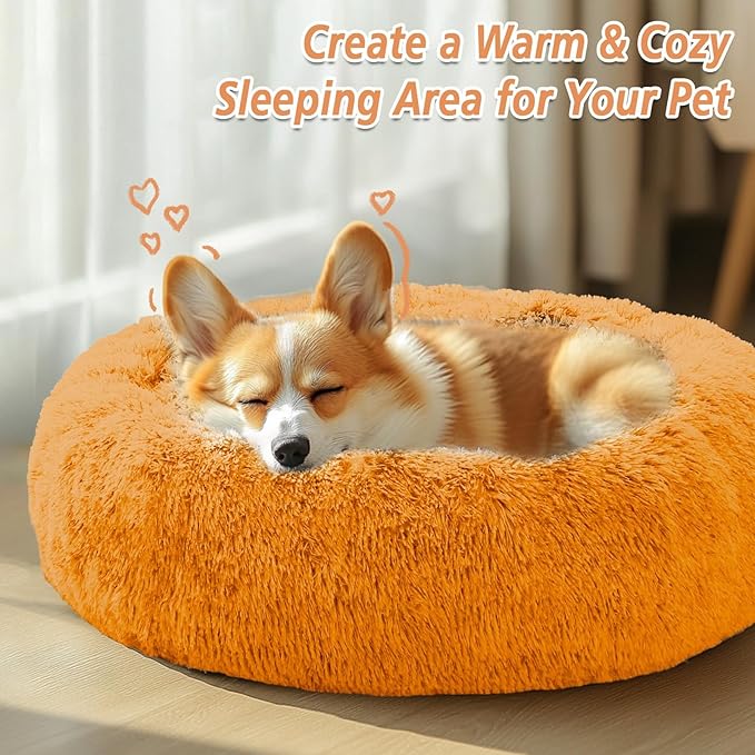 JOLLYVOGUE Calming Small Dog & Cat Bed for Indoor Cats - 20 inches Washable Donut Bed for Kittens & Puppies, Anti-Anxiety Round Fluffy Plush Pet Beds (Fits up to 15 lbs, Orange)