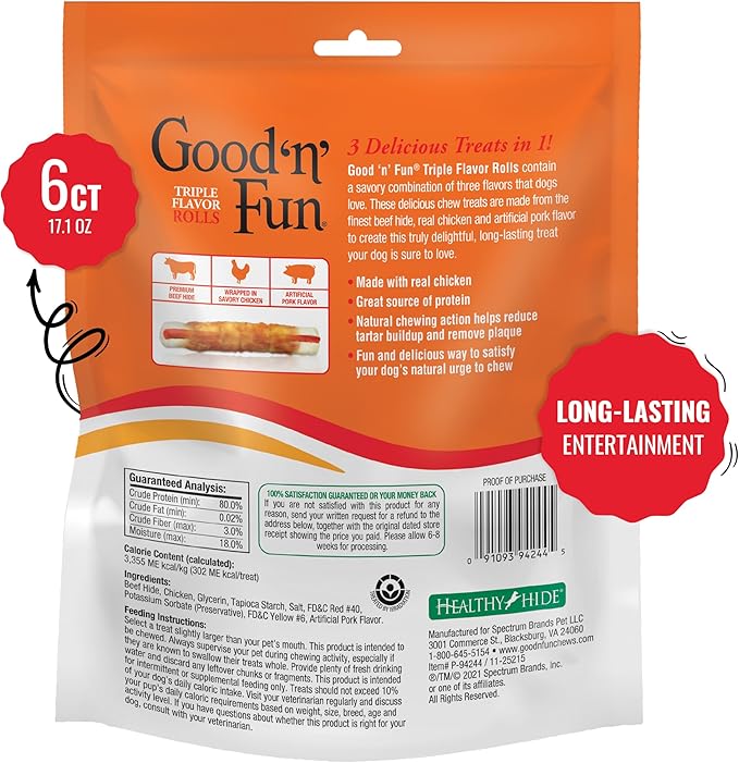 Good'n'Fun Triple Flavor 7 inch Rolls, Chews for Dogs, 6 Count (Pack of 1)