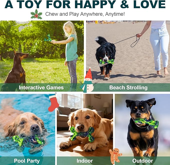 Indestructible Dog Chew Toys for Aggressive Chewers: 3-Pack Peanut Butter Nylon Chew Bones for Medium & Large Dogs 25–80 lbs, Tough Chewable Shapes, Long-Lasting Holiday Dog Gift (Green)