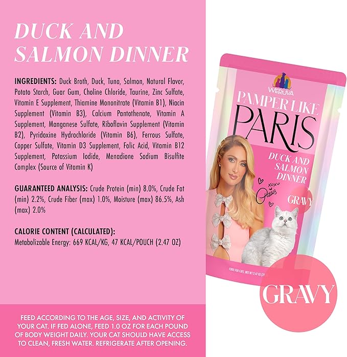 Weruva Paris Hilton Pamper Like Paris Wet Cat Food, Duck and Salmon in Gravy, 2.47oz Pouch, Pack of 12
