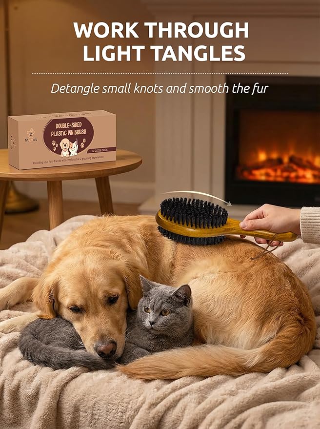 TAKAVU Pin & Bristle Pet Brush for Dogs & Cats - Double Sided Grooming Tool Detangles, Removes Loose Hair & Conditions Coat - Wood Handle