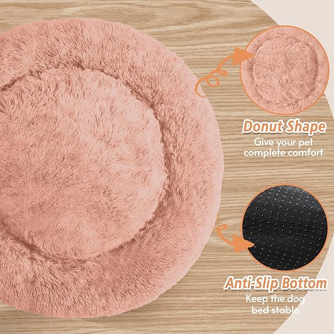 JOLLYVOGUE Calming Small Dog & Cat Bed for Indoor Cats - 20 inches Washable Donut Bed for Kittens & Puppies, Anti-Anxiety Round Fluffy Plush Pet Beds (Fits up to 15 lbs, Peach Pink)