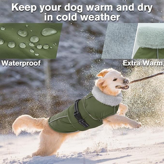 Lelepet Warm Dog Coat Waterproof Dog Jacket for Large Dogs Reflective Fleece Vest with Adjustable Buckle Hook & Loop Windproof Cold Weather Coats for Small Medium Large Dogs, Army Green, XXL