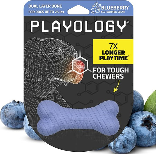 Playology Dog Toys | Dual Layer Bone Durable Chew Toy Bone for Dogs | Small Blueberry Scented Toy - Easy to Clean and Made from Non Toxic Materials