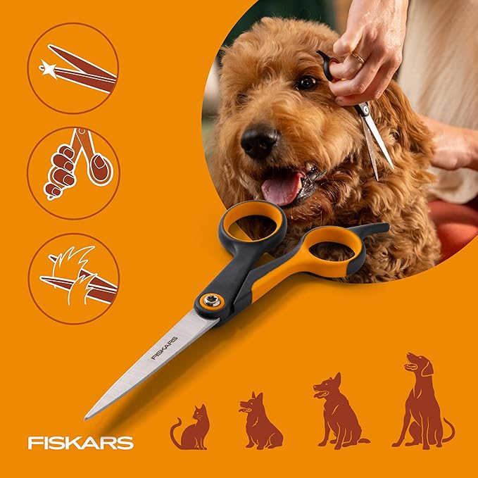 Fiskars Pet Trimming Scissors, Dog & Cat Grooming Scissors, Precision Stainless Steel Blades & SoftGrip™ Handle, Cat and Dog Supplies, 6.75”, Orange/Black