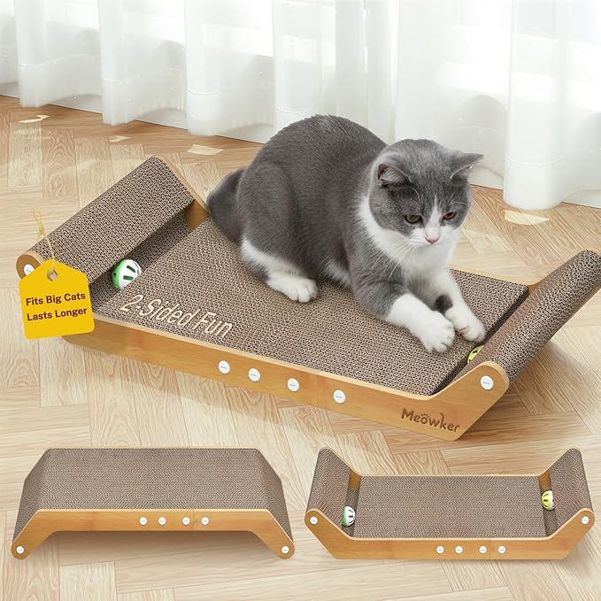 Modern Cat Scratcher Pad Cardboard for Indoor, 23.8" Scratching Lounger Board with Ball Track for Kittens & Large Cats, 3 in 1 Floor Horizontal Bed for Furniture Protection