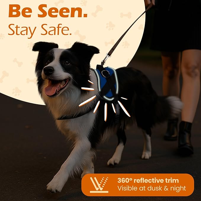 Bark Appeal Blue No-Pull Dog Harness for Small to Medium Sized Pets – Adjustable, Reflective Vest with 3 Leash Clips for Added Control, Easy Walks & Training – Medium