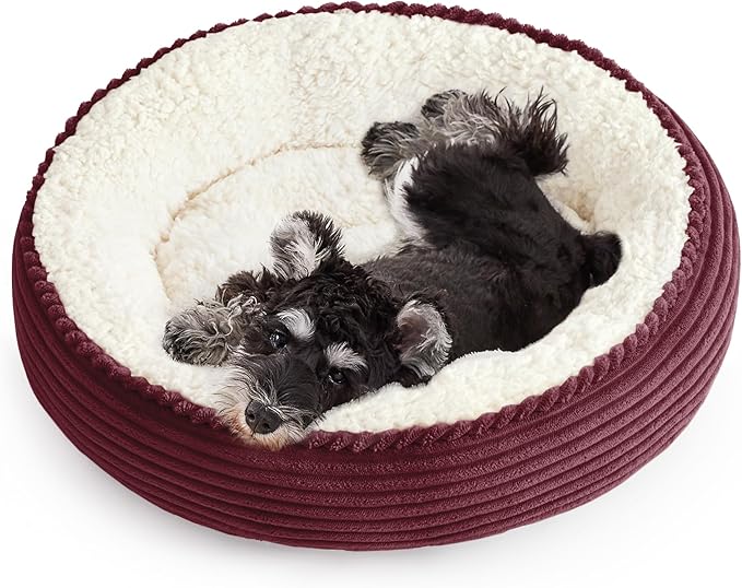Love's cabin Round Donut Cat and Dog Cushion Bed, 25in Pet Bed for Small or Medium Dogs, Anti-Slip & Water-Resistant Bottom, Soft Durable Fabric Pet Beds, Washable Calming Cat Bed Burgundy Stripe