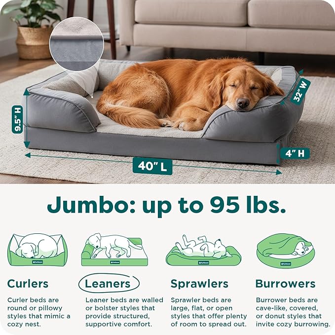 FurHaven Cooling Gel Dog Bed for Large Dogs, Perfect Comfort Sofa Bed with Cool Gel-Top Foam & Solid Orthopedic Foam Base for Joint Support, Washable Cover, Jumbo XL, Plush & Velvet, Granite Gray