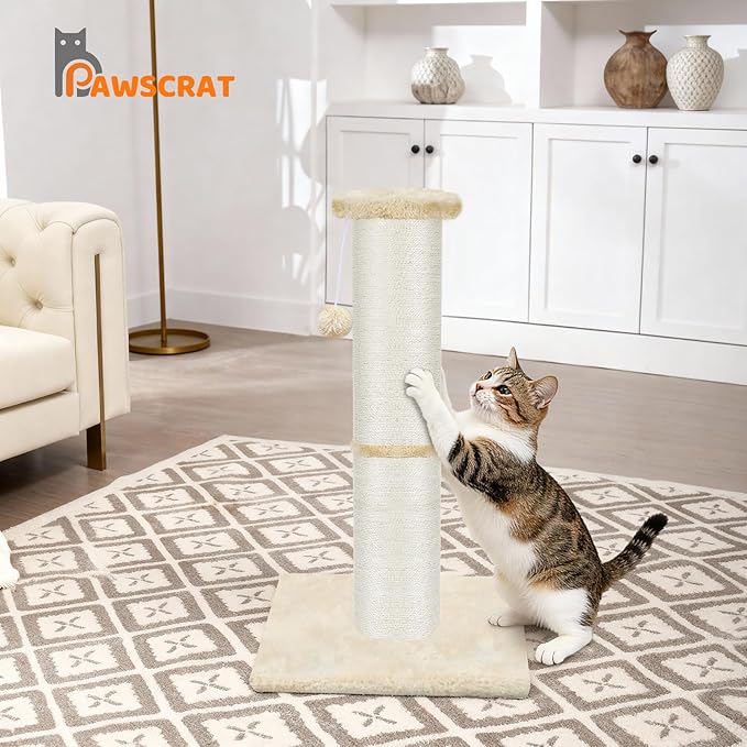 PAWSCRAT Cat Scratching Post 32" Tall, Large Diameter Natural Sisal Cat Scratch Post with Dangling Ball, Scratch-Resistant and Durable Tall Cat Scratcher for Indoor Cats, Protect Your Furniture, Beige