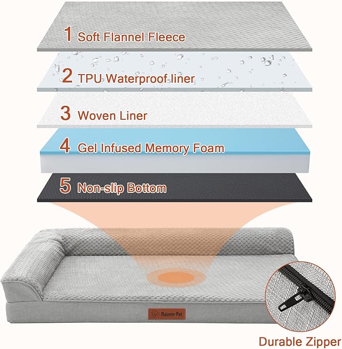 Orthopedic Dog Beds for Large Dogs, Memory Foam Dog Beds Large Sized Dogs, Washable Removable Cover, Nonskid Bottom, Waterproof, for Indoor, Outdoor, Crate ＆ Car Use, 41x27x6 Inches, Light Grey