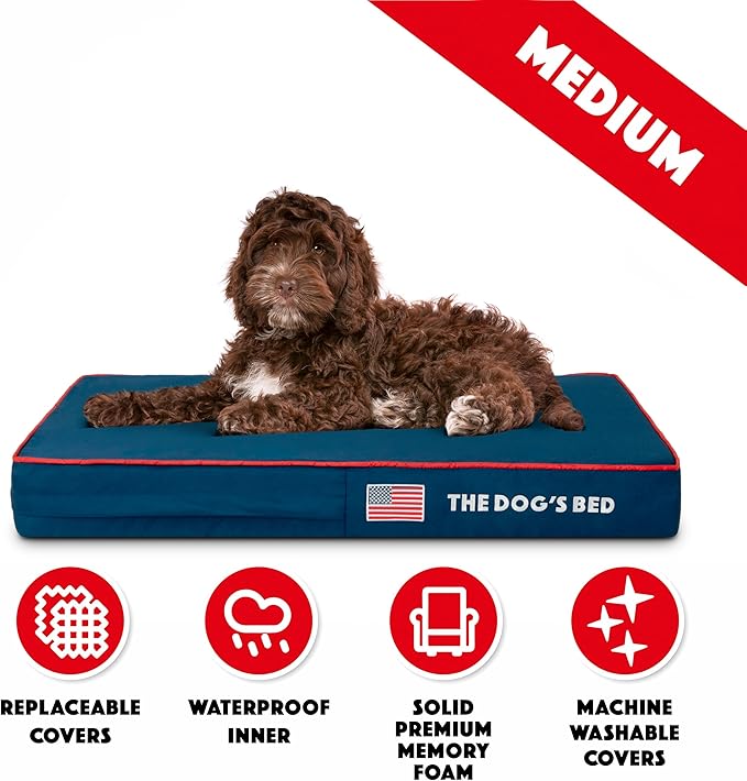 The Dog’s Bed Orthopedic Memory Foam Dog Bed, Medium Blue Oxford with Red Trim USA Flag, Pain Relief for Arthritis, Hip & Elbow Dysplasia, Post Surgery, Supportive, Waterproof, Veterinary Approved